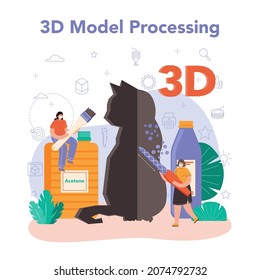 3D printer concept. Digital designer drawing with electronic tools and equipment. Layout or model creation with 3D printing equipment. Flat vector illustration
