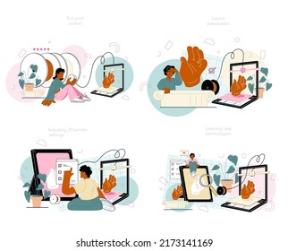 3D printer concept. Digital designer with electronic tools making prototype and construction. 3D printer equipment setting and layout preparation. Flat vector illustration