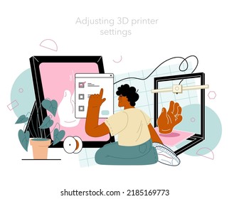 3D printer concept. Digital designer with electronic tools making prototype and construction. 3D printer equipment setting and layout preparation. Flat vector illustration