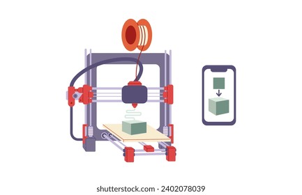 concepto de impresora 3D. Produciendo un objeto volumétrico. Interfaz telefónica con modelo. Símbolos plásticos creados con inteligencia artificial. Ilustración del vector