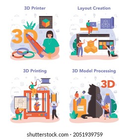 3D printer concept set. Digital designer drawing with electronic tools and equipment. Layout or model creation with 3D printing equipment. Flat vector illustration