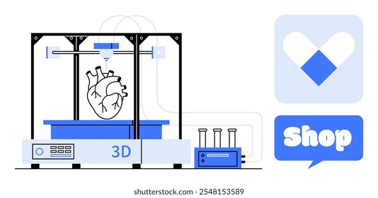 Ein 3D-Drucker erstellt neben Laborgeräten und einem Shop-Symbol ein Modell für das menschliche Herz. Ideal für 3D-Druck, Gesundheitstechnologie, medizinische Innovation, Online-Shopping, Biotechnologie-Fortschritte. Modern