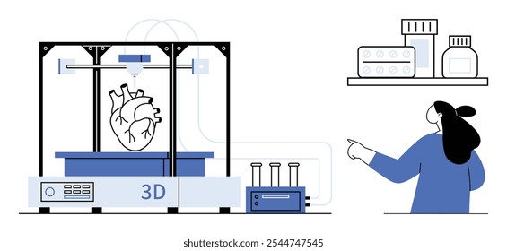 Uma impressora 3D criando um modelo cardíaco com um técnico apontando para prateleiras com garrafas de remédios. Ideal para avanços médicos, biotecnologia, inovação tecnológica, assistência médica e pesquisa