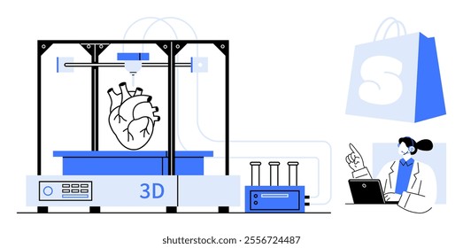 A 3D printer creating a heart model beside a doctor working on a laptop. Ideal for medicine, biotechnology, innovation, technology, healthcare. Clean modern style