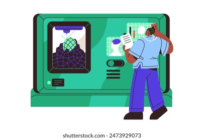 3D printer of creation bio parts, human organs. Production of synthetic brain with medical bioprinter. Printing machine in healthcare engineering. Flat isolated vector illustration on white background