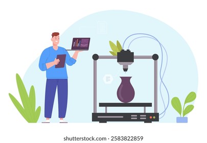 3d printer engineer. Student print polymer in university lab, young scientist technician make product prototype electronic printing technology creative workshop vector illustration original artwork