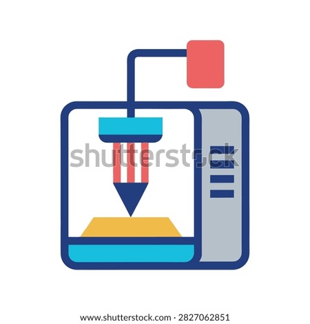 3d printer with extruder nozzle and printing platform in flat style on a white background