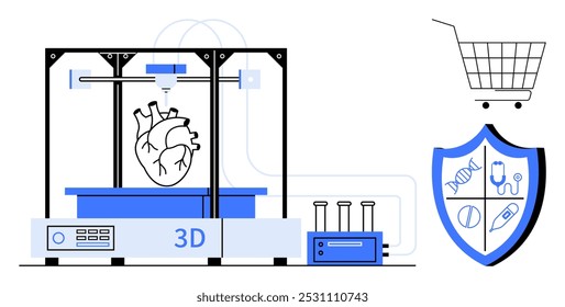 Uma impressora 3D fabrica um modelo cardíaco ao lado de ícones de assistência médica, como um carrinho de compras e um escudo médico. Ideal para inovação médica, biotecnologia, tecnologia de saúde, medicina futurista