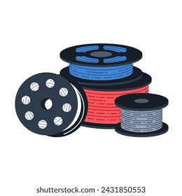 3D printer filaments spools. Different colors polymer plastic wire for 3d printing. Additive manufacturing concept.