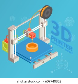 3d printer flat design style on colored background isometric vector graphic. 3D printing process of the device vector concept flat design. Technology manufacturing and prototype. Vector illustration
