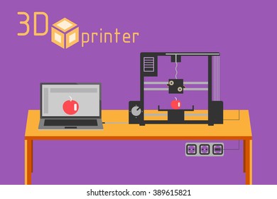 3d printer flat style on colored background 