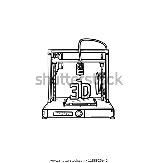3dプリンタ の手描きの輪郭の落書きアイコン 製造 印刷機 技術のコンセプト 白い背景に印刷 ウェブ モバイル およびインフォグラフィック用のベクタースケッチイラスト のベクター画像素材 ロイヤリティフリー