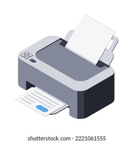 3d printer icon, device for printing documents and images, isolated object. Portable electronics, office equipment, digital technologies, paper print process. Vector illustration in isometric style 