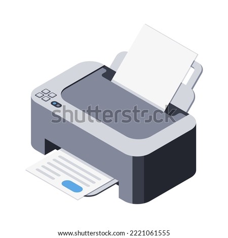 3d printer icon, device for printing documents and images, isolated object. Portable electronics, office equipment, digital technologies, paper print process. Vector illustration in isometric style 