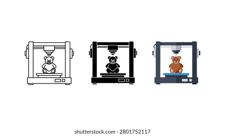 3D printer icon set with teddy bear model printing 3D printer printing technology additive