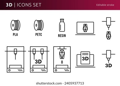 3d printer icons designed in line art style can be used for web and print, editable stroke