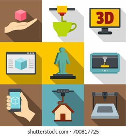 3D printer icons set. Flat set of 9 3d printer vector icons for web with long shadow