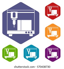 3D printer icons set rhombus in different colors isolated on white background