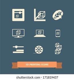 3d printer icons set with simple flat design suitable for infographics, presentations, user interface, etc. Eps10 vector illustration
