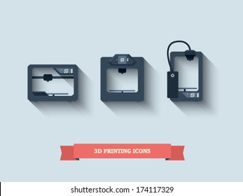 3d printer icons set with simple flat design suitable for infographics, presentations, user interface, etc. Eps10 vector illustration