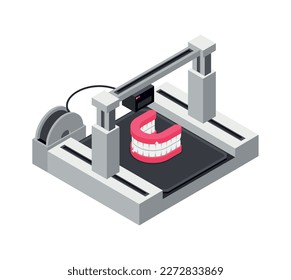 Icono isométrico de la industria de la impresora 3D con proceso de impresión de prótesis dental ilustración vectorial