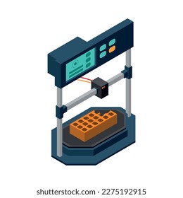 Icono isométrico de la industria de la impresora 3D con proceso de impresión de ilustración de vector de ladrillo
