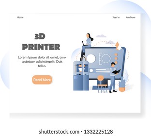 3D printer landing page template. Vector illustration of 3D printer building object from digital computer model. Additive manufacturing technology concept for website and mobile site development.