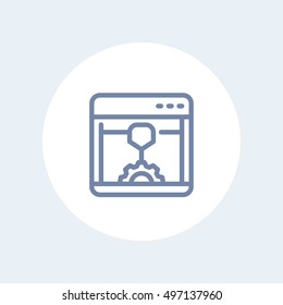 3d printer line icon, printing, additive manufacturing, linear pictogram isolated on white