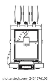 3D-Druckmaschine mit Filamentspulen in Schwarz und Weiß isoliert auf weißem Hintergrund. Vektorgrafik