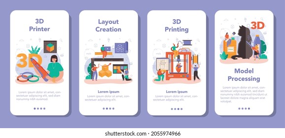 3D printer mobile application banner set. Digital designer drawing with electronic tools and equipment. Layout or model creation with 3D printing equipment. Flat vector illustration