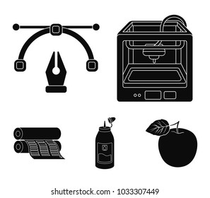 3D printer, newspaper printer, ink, pen. Typography set collection icons in black style vector symbol stock illustration web.