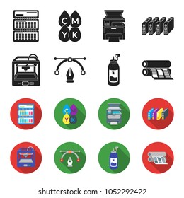 3D printer, newspaper printer, ink, pen. Typography set collection icons in black,flet style vector symbol stock illustration web.