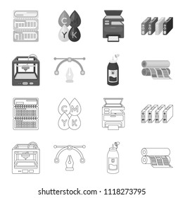 3D printer, newspaper printer, ink, pen. Typography set collection icons in outline,monochrome style vector symbol stock illustration web.