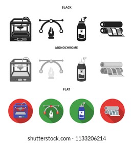3D printer, newspaper printer, ink, pen. Typography set collection icons in black, flat, monochrome style vector symbol stock illustration web.