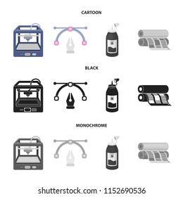 3D printer, newspaper printer, ink, pen. Typography set collection icons in cartoon,black,monochrome style vector symbol stock illustration web.