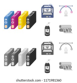 3D printer, newspaper printer, ink, pen. Typography set collection icons in cartoon,monochrome style vector symbol stock illustration web.