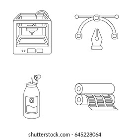 3D printer, newspaper printer, ink, pen. Typography set collection icons in outline style vector symbol stock illustration web.