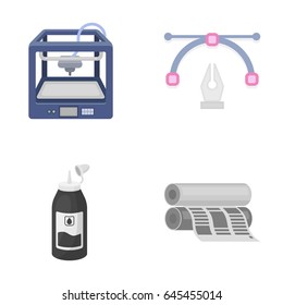 3D printer, newspaper printer, ink, pen. Typography set collection icons in cartoon style vector symbol stock illustration web.