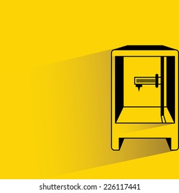 3D printer on yellow background, flat and shadow theme, 