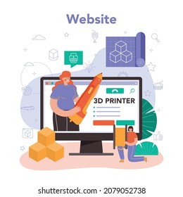 plataforma o servicio en línea de impresora 3D. Dibujo de diseñador digital con equipo electrónico. Diseño o creación de modelos. Sitio web. Ilustración vectorial plana