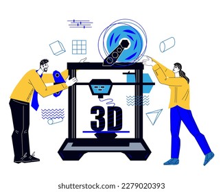 3D printer operating and programming of 3D printing equipment, flat vector illustration isolated on white background. Three dimensional technology.