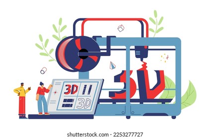 3d printer operating system and software cartoon flat vector illustration isolated on white background. Technology of printing 3d models and additive manufacturing.