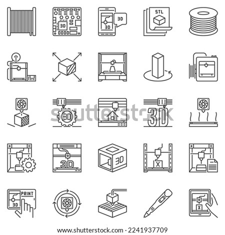 3D Printer outline icons set - additive manufacturing and printing concept linear symbols
