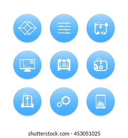 3d printer, printing icons set, modeling, additive manufacturing, designing