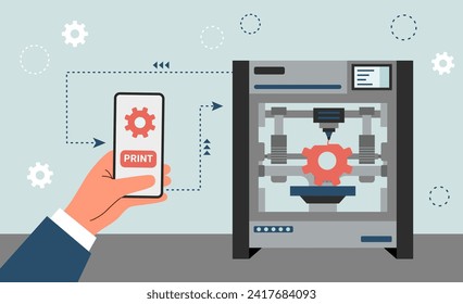 3d printer printing a part. Hand with phone launching a 3d printer. Technology concept.