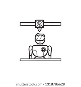 Icono de doodle dibujado a mano por robot con impresora 3d. 3 d impresión y fabricación, concepto de ciborg. Ilustración vectorial para impresión, web, móvil e infografía sobre fondo blanco.
