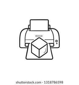 A impressora 3D imprime o ícone de doodle do contorno desenhado à mão do cubo. Impressão de objetos 3D, conceito de impressora tridimensional. Ilustração de esboço vetorial para impressão, web, móvel e infográficos em fundo branco.