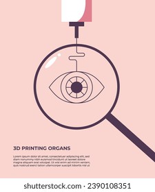 A 3D printer prints a human eye. 3D printing of organs. Medicine of the future. Flat vector illustration.