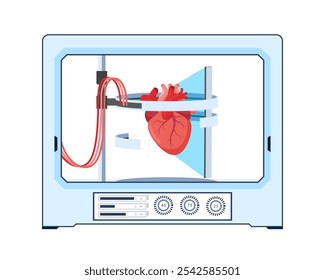 The 3D printer prints a human heart, modern medical technology red tubes and a control panel.