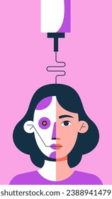 La impresora 3D imprime el modelo de una chica robot. Tecnología de impresión 3D. Ilustración vectorial plana en estilo de dibujos animados.